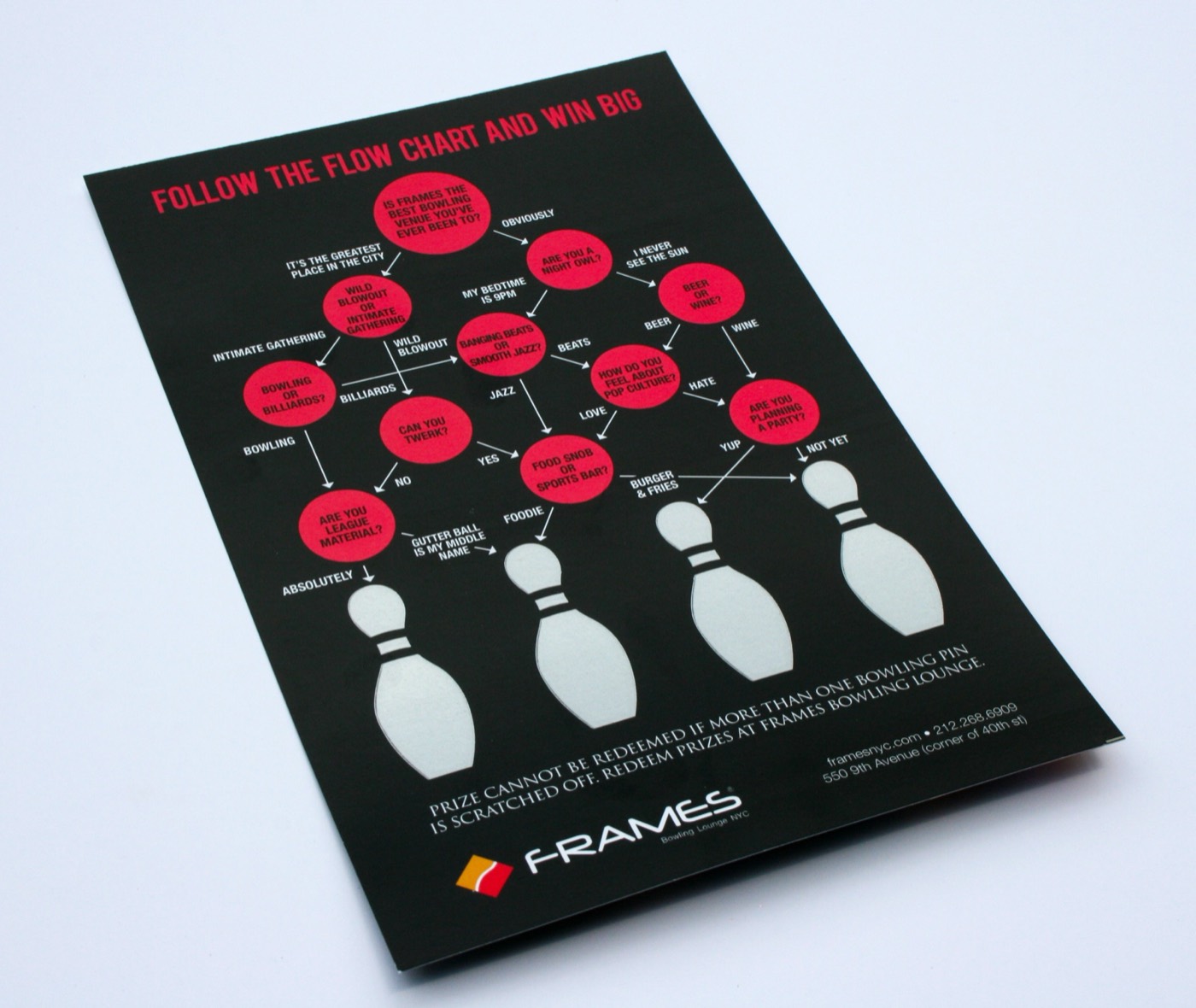 A black scratch-off game card with a red flowchart