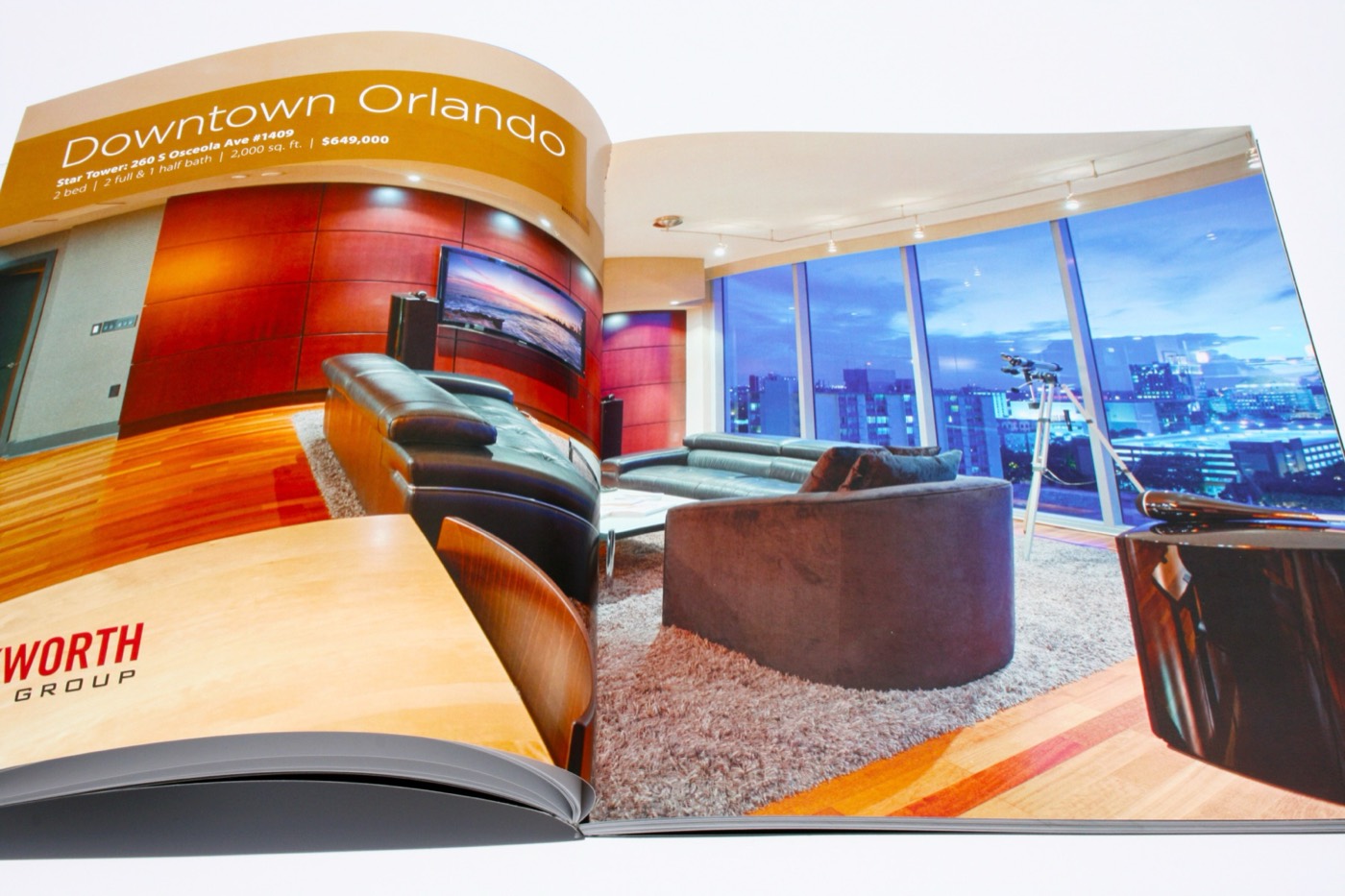 A city brochure open to an interior spread