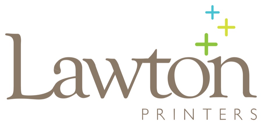 Lawton Printers in a soft serif with four coloured sparkles