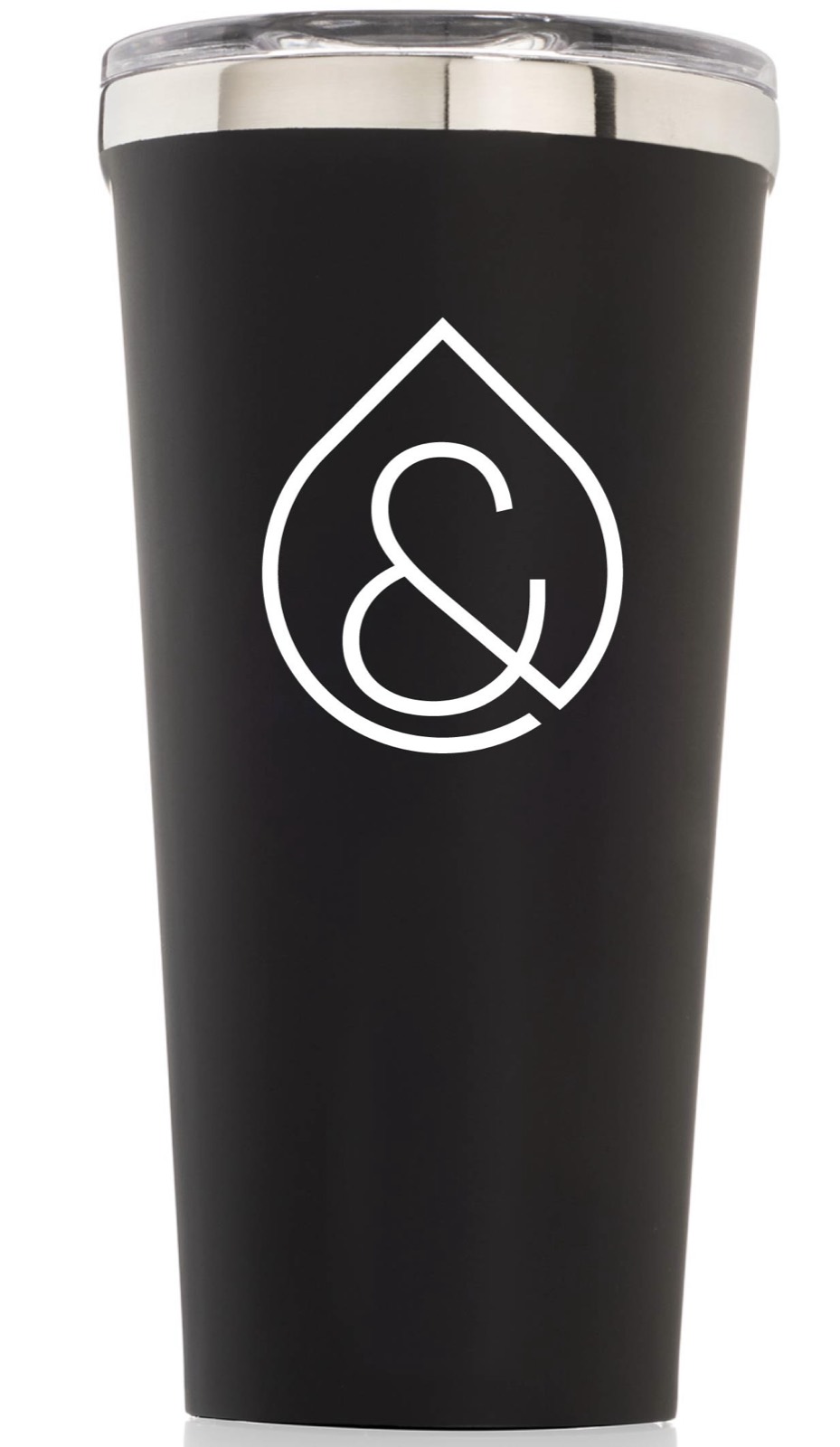 A black tumbler with the Lawton Connect ampersand mark in white