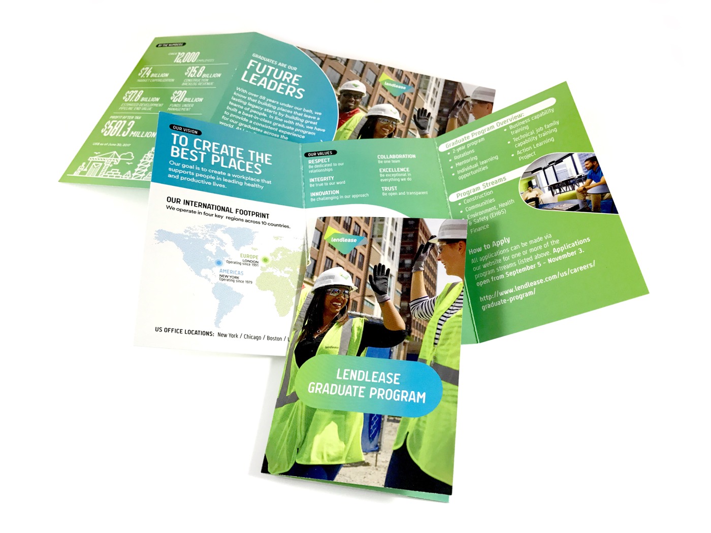 Tri-fold brochures fanned open, printed in our plant